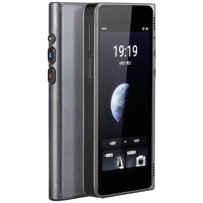 Ein modernes, schwarzes Smartphone mit glänzendem Display zeigt die Uhrzeit 19:19 und ein Bild der Erde. Zwei Knöpfe an der Seite.