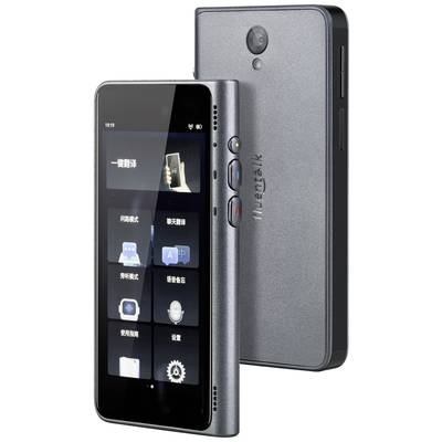 Ein graues mobiles Gerät mit großem Display und mehreren Tasten an der Seite. Es zeigt eine Benutzeroberfläche mit Symbolen.