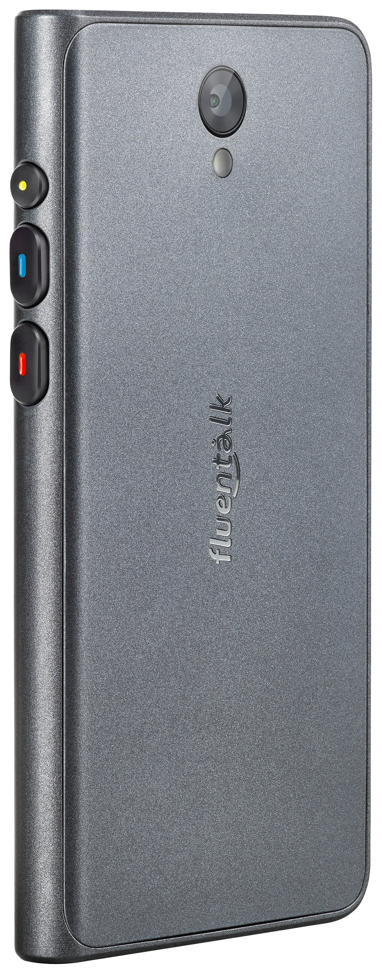 Ein graues, schlankes Gerät mit der Aufschrift 'fluentalk', zeigt eine Kamera und farbige Tasten an der Seite, vermutlich ein elektronisches Gadget.
