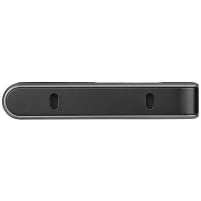 Schwarzer USB-Stick mit rechteckiger Form, abgerundeten Ecken und silbernem Rahmen von oben gesehen.