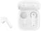 Kabelloses Bluetooth-Ohrhörer-Set in Weiß mit Ladecase, ein Ohrhörer liegt außerhalb des Gehäuses.