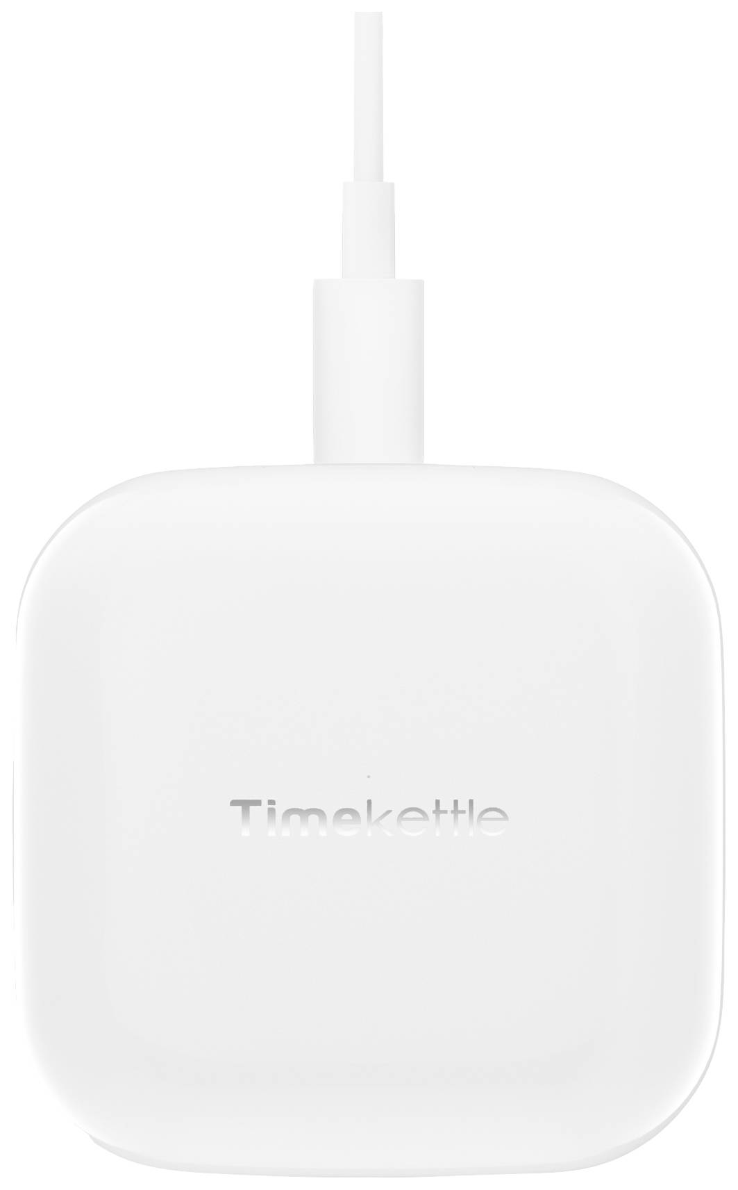 Ein weißes Ladegerät mit der Aufschrift 'Timekettle' in der Mitte, Kabel geht nach oben, vor einem weißen Hintergrund.