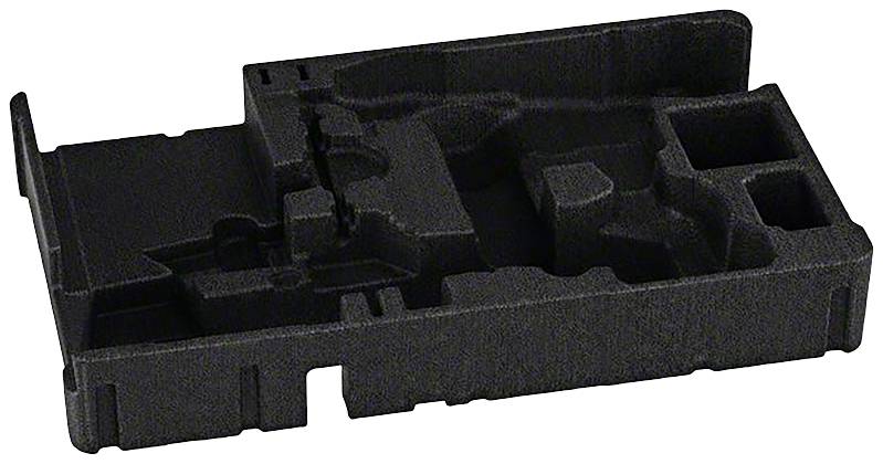 Eine schwarze, geformte Schaumstoffeinlage mit mehreren Fächern und Aussparungen zur Aufbewahrung oder zum Schutz von Gegenständen.