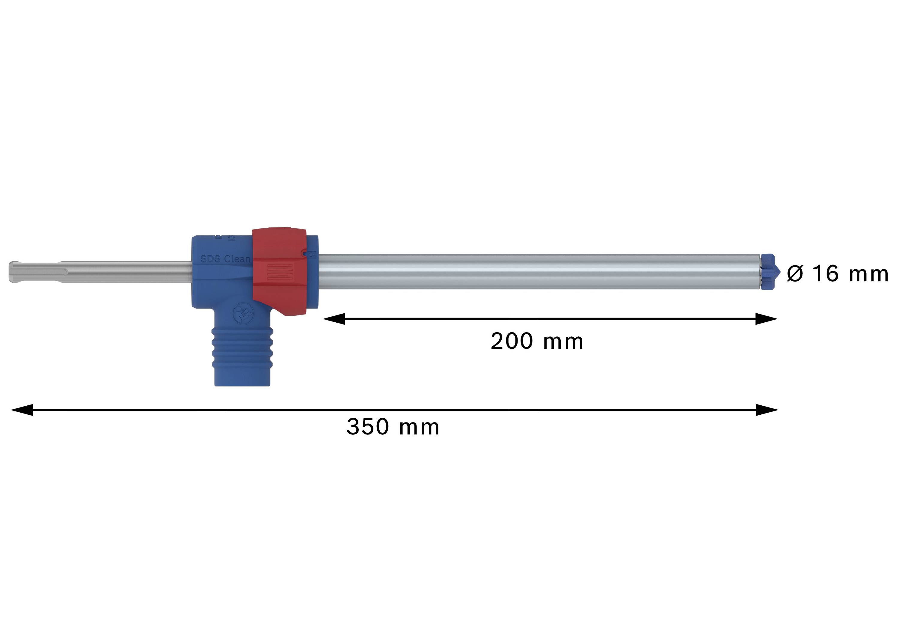 'L-förmiges Rohr mit Durchmesser von 16 mm, Gesamtlänge 350 mm, horizontale Komponente 200 mm. Blaues/graues Design mit rotem Element.'
