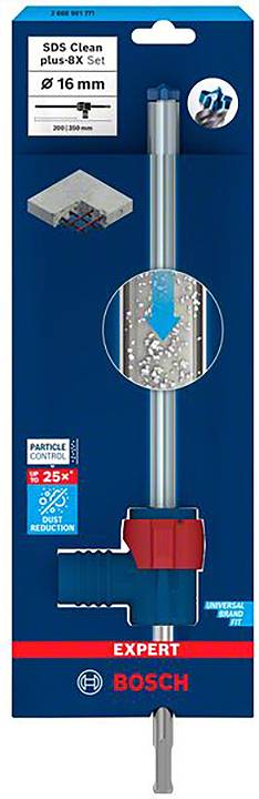 Verpackung eines Bosch SDS Clean plus-8X Sets, mit 16 mm Bohrer. Zeigt Bohrer und Partikelschutz, geeignet für Beton.