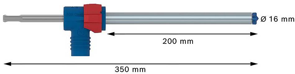 Diagramm eines Rohres mit einer Gesamtlänge von 350 mm. Der innere Abschnitt misst 200 mm und hat einen Durchmesser von 16 mm.