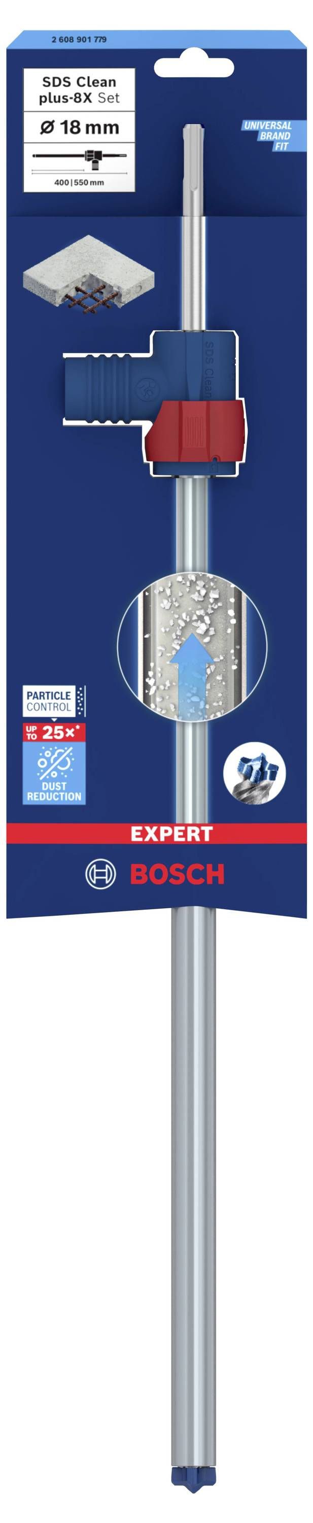 Bohrer 'Bosch Expert' für Beton, Durchmesser 18 mm, länglicher Schaft in blauer Verpackung mit Produktsymbolen und Markenlogo.