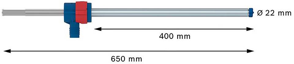 Metallstange mit blauer und roter Befestigung, Länge 650 mm, Hauptabschnitt 400 mm lang, Durchmesser 22 mm. Pfeile zeigen Abmessungen.