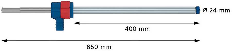 Ein Teleskoprohr mit Griff und zwei Längenmarkierungen: 400 mm und 650 mm. Der Rohrdurchmesser beträgt 24 mm.