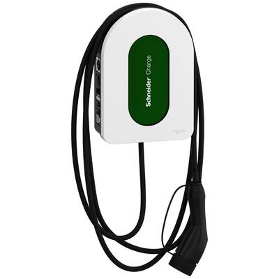 Ladestation für Elektrofahrzeuge mit schwarzem Kabel, grünem Anzeigebereich und dem Schriftzug 'Schneider Charge'.