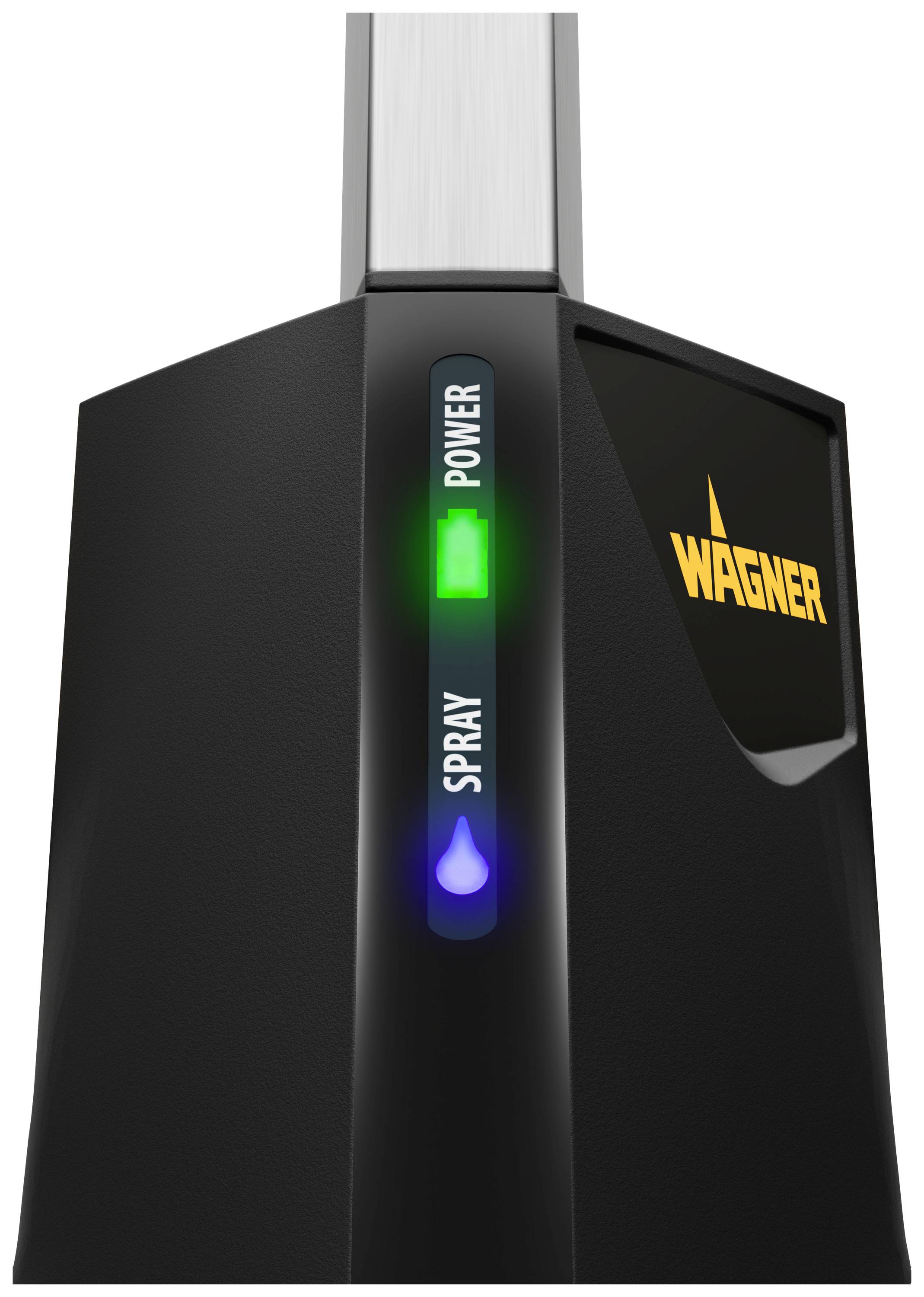 'Elektrisches Sprühgerät in Schwarz mit leuchtenden Anzeigelichtern für Strom und Sprühfunktion. „Wagner“-Logo auf der Seite.'