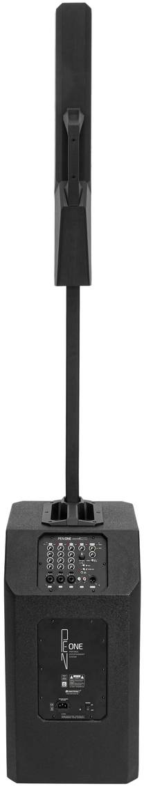 Lautsprechersystem mit tragbarer Säule, schwarzes Design, Bedienelemente und Anschlüsse auf der Vorderseite, ideal für Veranstaltungen.