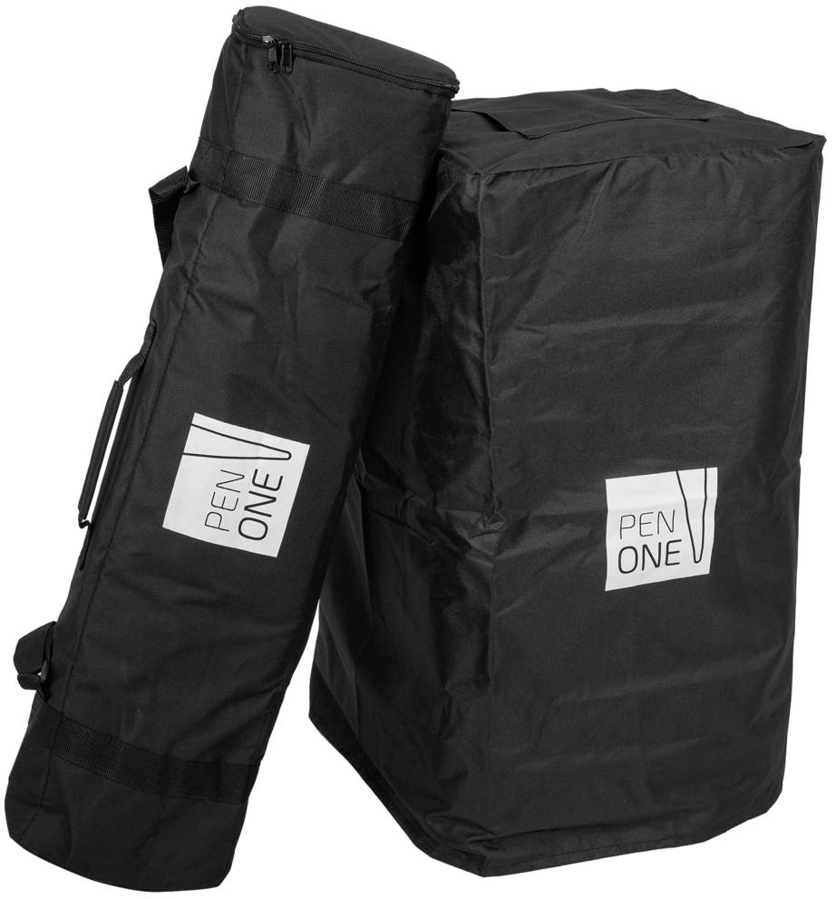 Zwei schwarze Transporttaschen mit weißen Logos und dem Text 'PEN ONE', eine rund und eine rechteckig, stehen nebeneinander.