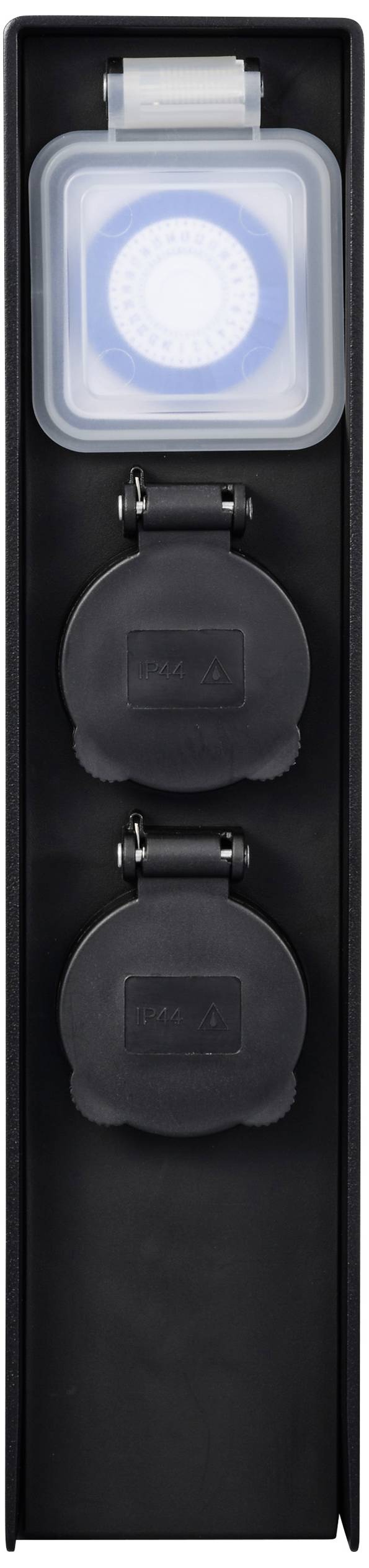 Zwei schwarze Steckdosen mit Abdeckungen und ein blauer Timer im Aufbewahrungsbehälter, alles vertikal angeordnet.