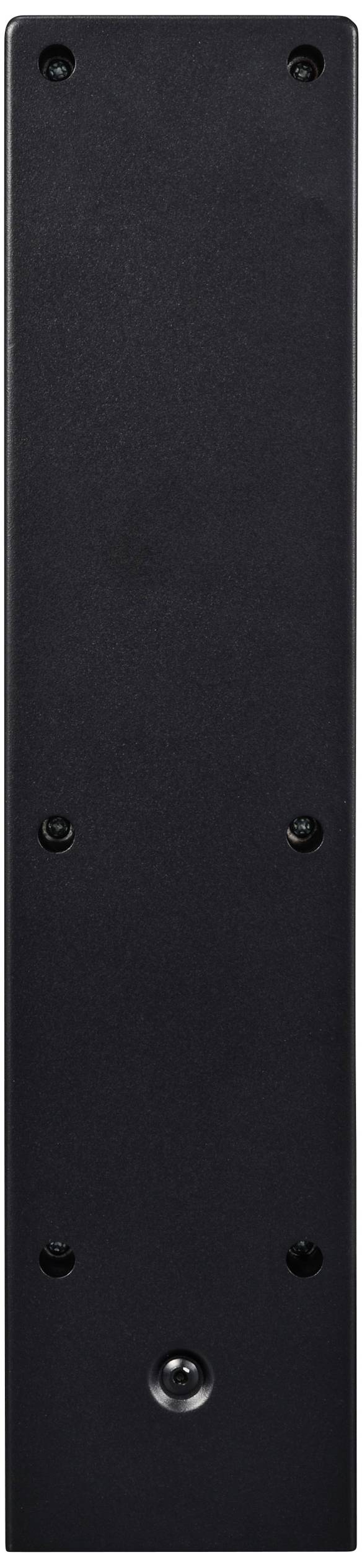 Eine schwarze, rechteckige Metallplatte mit sechs Schrauben und einer kleinen Linse oder einem Sensor an der Unterseite.