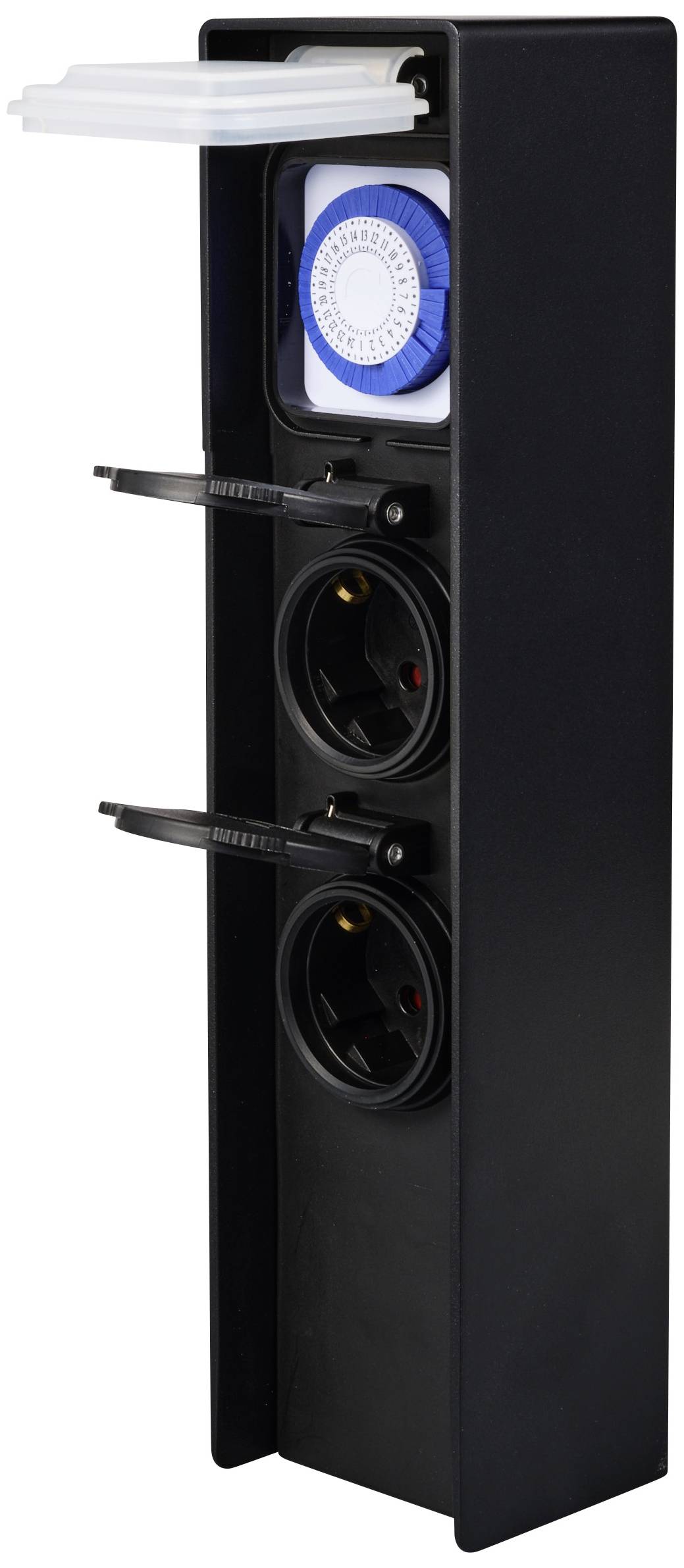 Schwarze Außensteckdose mit zwei Steckplätzen und integriertem blauen Zeitschaltuhr; Klappe oben geöffnet. Ideal für Garten.