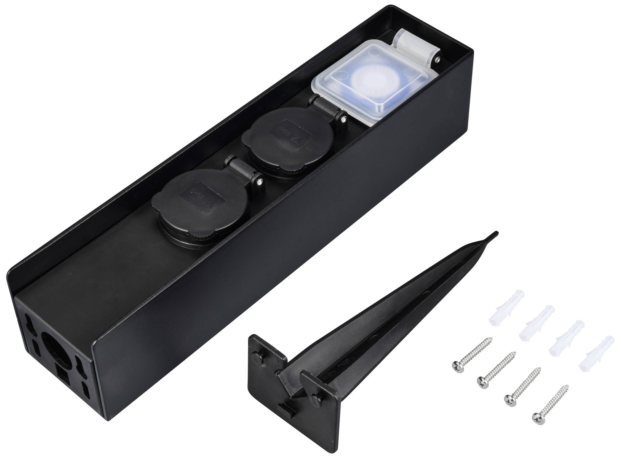 Schwarz-graue Gartensteckdose mit zwei Schutzkontaktsteckdosen, Erdspieß, Schrauben und Dübeln für Outdoor-Stromanschlüsse.