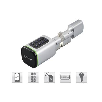 Elektronisches Türschloss mit Tastenfeld; Funktionen über App, Zahlencode, Chipkarte, Batterie CR123A und Schlüssel verfügbar.
