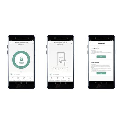 Drei Smartphone-Bildschirme zeigen eine App für ein Bluetooth-Zylindertürschloss. Bild 1: Sperrtaste, Bild 2: Passwort generieren, Bild 3: Familienmitglied hinzufügen.