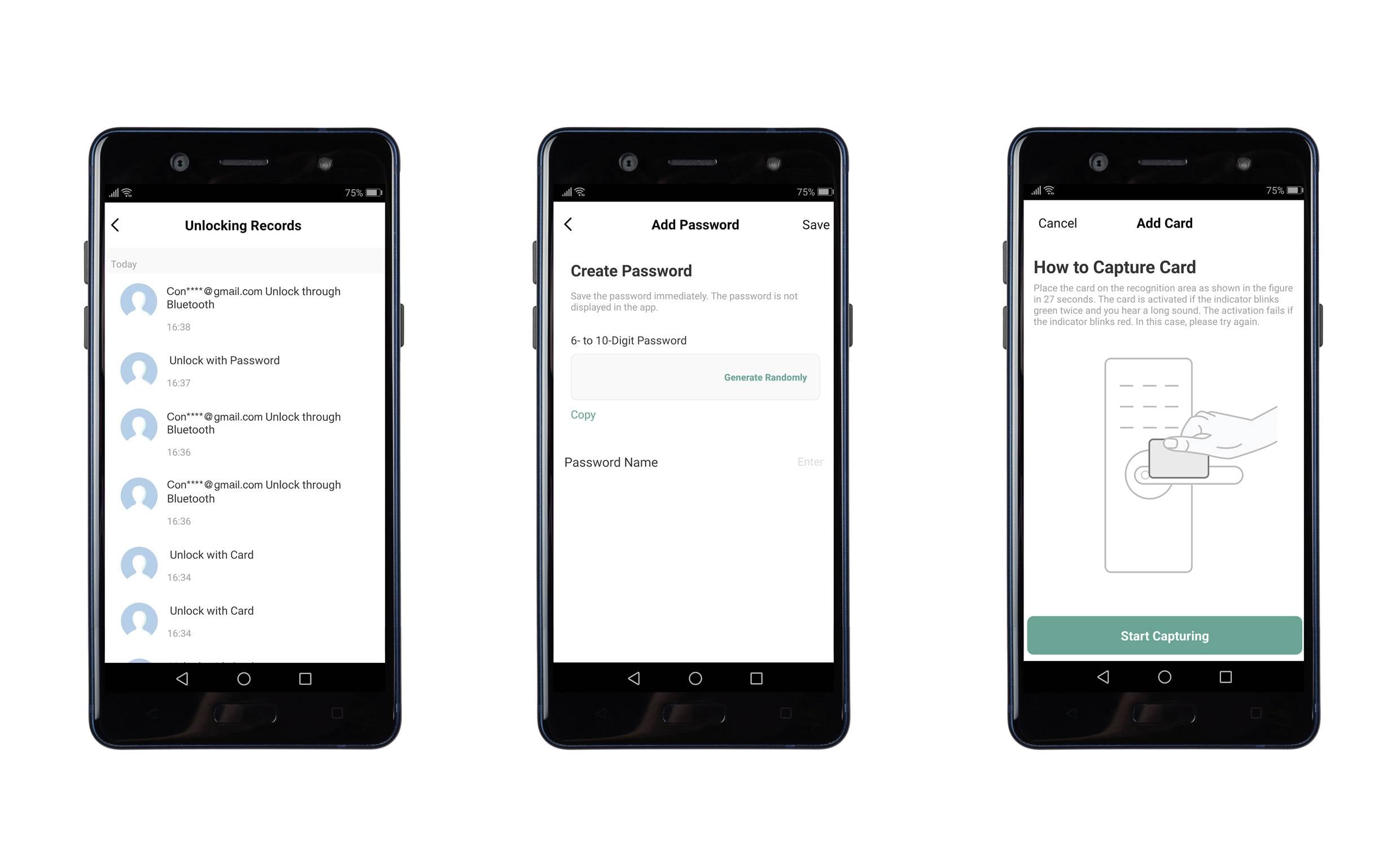 Drei Smartphone-Bildschirme zeigen: 1. 'Unlocking Records' mit Zugangsmöglichkeiten, 2. 'Add Password' zum Erstellen eines Passworts, 3. 'How to Capture Card' mit Anweisungen zum Scannen einer Karte.
