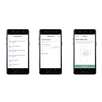 Drei Smartphone-Bildschirme zeigen: 1. 'Unlocking Records' mit Zugangsmöglichkeiten, 2. 'Add Password' zum Erstellen eines Passworts, 3. 'How to Capture Card' mit Anweisungen zum Scannen einer Karte.