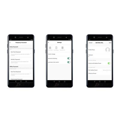 'Drei Smartphone-Bildschirme zeigen Einstellungen für temporäre Passwörter, smarte Verknüpfungen und Benutzerprofilanpassungen.'