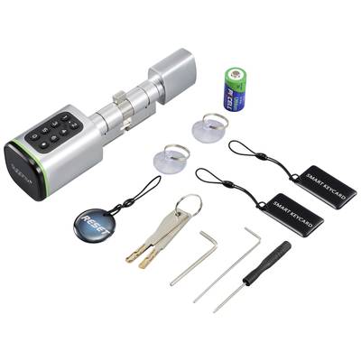 Elektronisches Türschloss mit Tastenfeld, zwei Smartcards, zwei Schlüssel, Reset-Magnet, Batterie und Werkzeuge zur Installation.