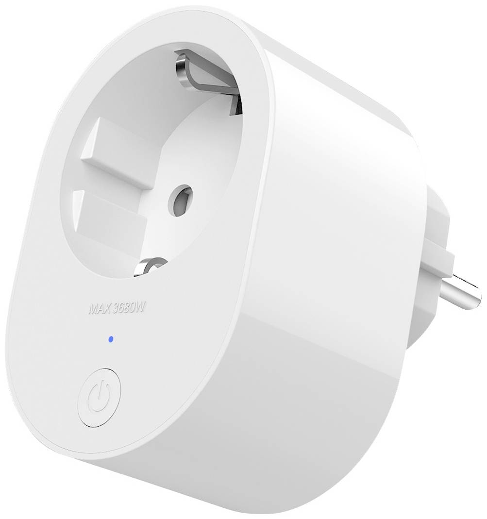 Weißer Smart-Stecker mit EU-Steckdosenanschluss und Ein-/Ausschaltknopf, geeignet für automatisierte Steuerungen in Smart-Home-Systemen.
