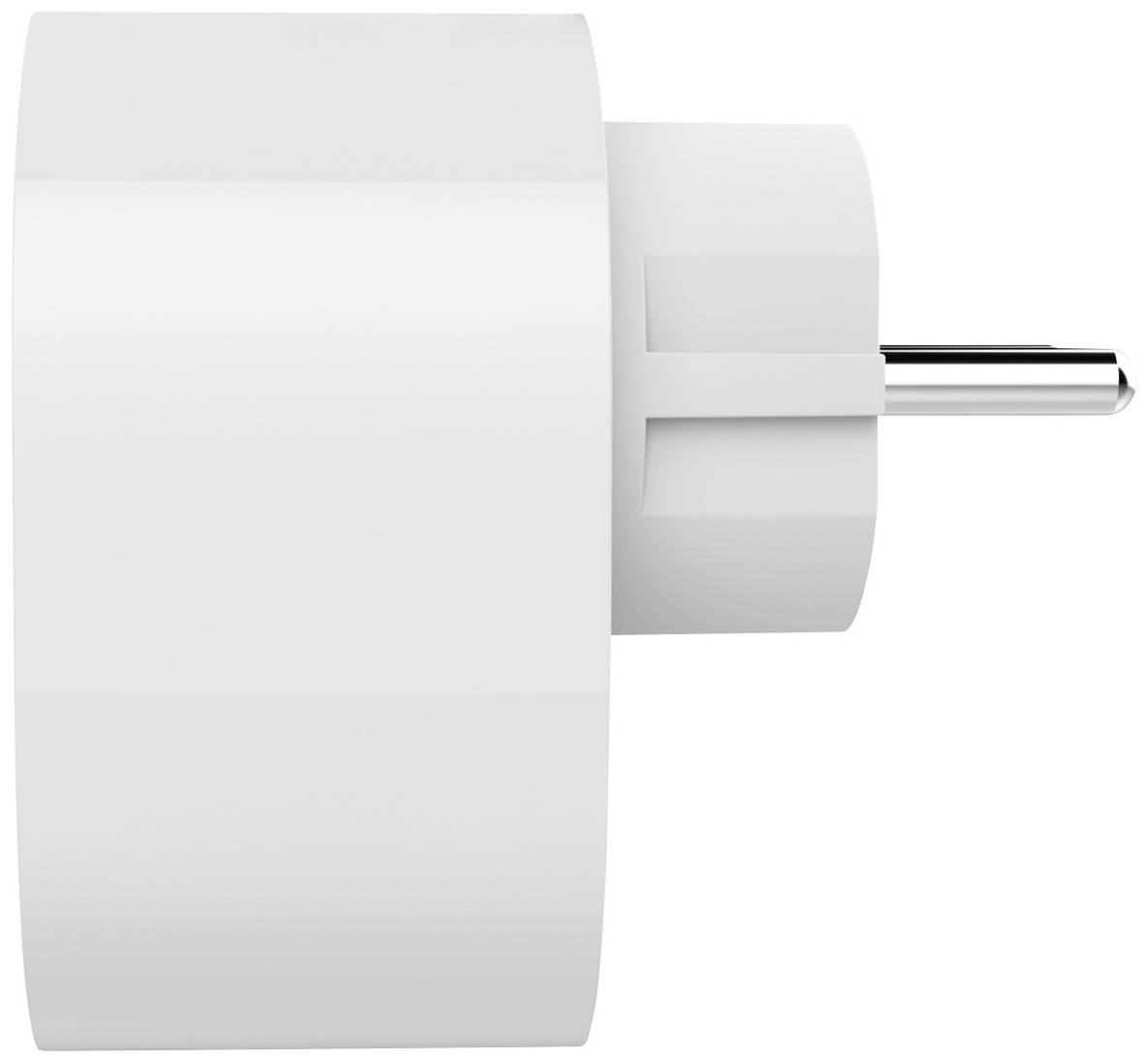 Ein weißer Steckdosenadapter von der Seite gesehen.