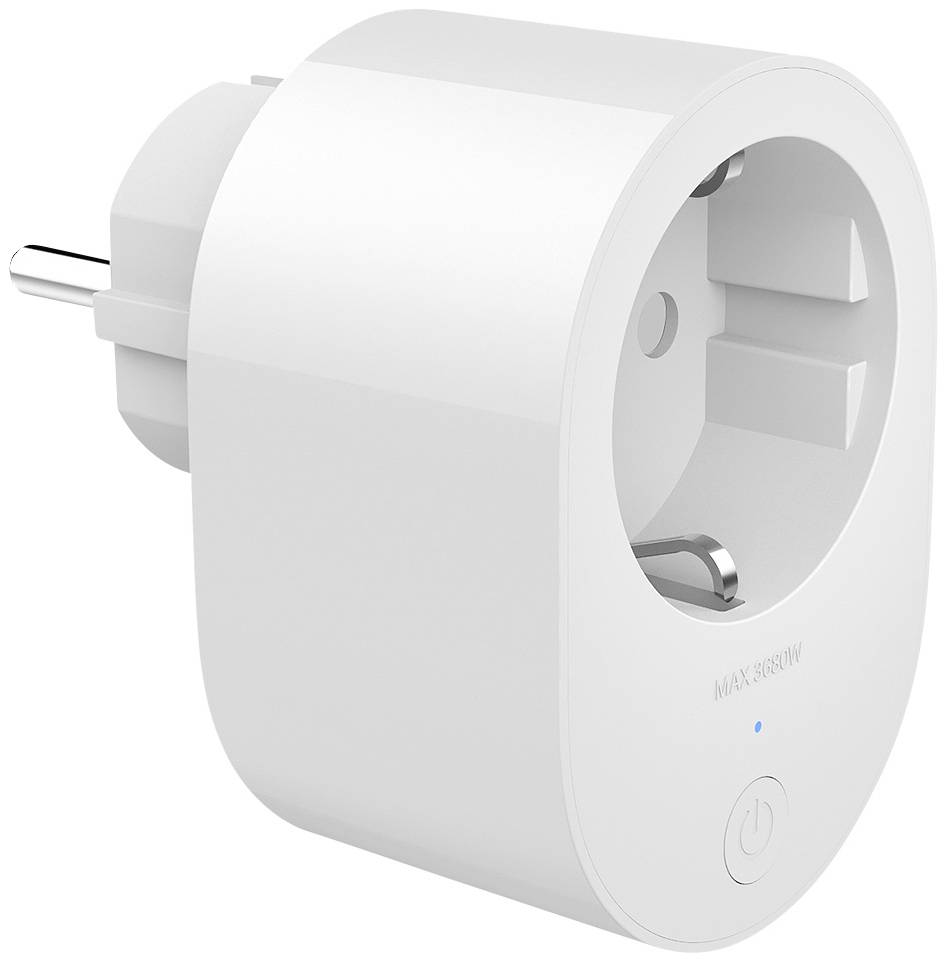 Weiße smarte Steckdose mit Schuko-Anschluss, runder Form, geeignet zum Fernsteuern von elektrischen Geräten. Markierung für Maximalstrom ist sichtbar.
