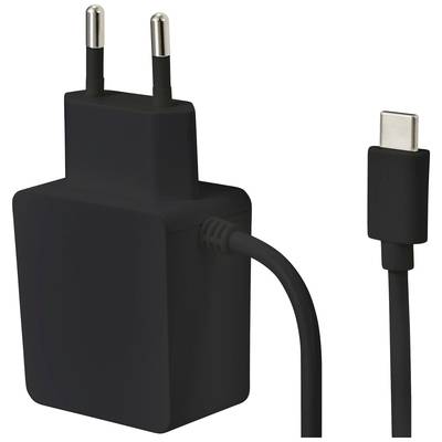 Schwarzes USB-C-Ladegerät mit EU-Stecker, geeignet für Smartphones und Tablets. Standarddesign, kompakt und tragbar.