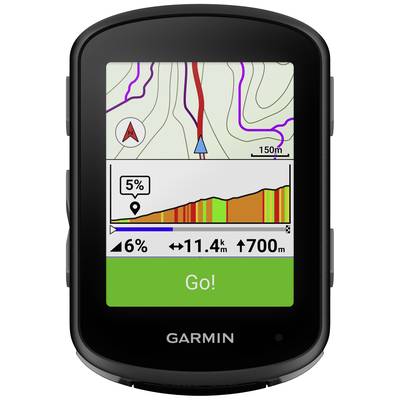 Ein GPS-Gerät zeigt eine Karte mit einer roten Strecke, eine Höhenprofilgrafik mit Anstiegen von bis zu 6% und einem 'Go!' Button.