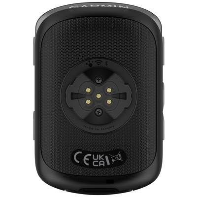 Rückansicht eines GPS-Geräts mit Montagesystem, Hersteller ist aufgedruckt. CE- und UKCA-Zertifizierungen sind sichtbar.
