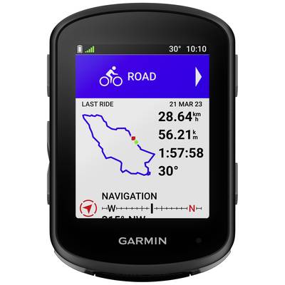 Ein Fahrradcomputer zeigt eine Karte mit der letzten Route, gefahrene 28,64 km, 56,21 km/h max. Geschwindigkeit, 1:57:58 Zeit, 30°C.