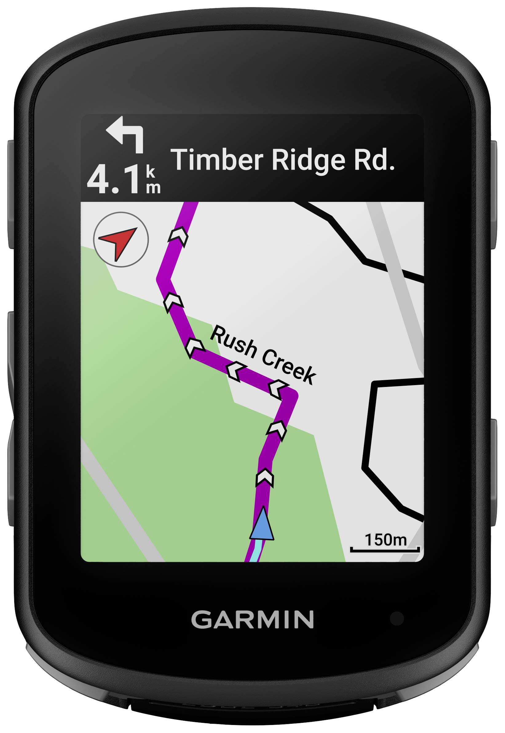 Ein GPS-Gerät zeigt eine Navigation auf 'Timber Ridge Rd.', Entfernung 4,1 km; Karte zeigt Route mit Kurven und einen Wegweiser-Pfeil.