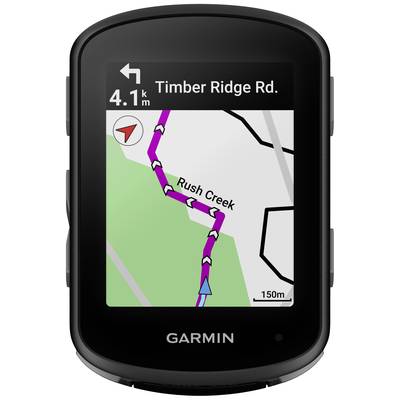 Ein GPS-Gerät zeigt eine Navigation auf 'Timber Ridge Rd.', Entfernung 4,1 km; Karte zeigt Route mit Kurven und einen Wegweiser-Pfeil.