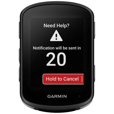 Bild eines Garmin-Geräts, das anzeigt: 'Need Help? Notification will be sent in 20'. Roter Knopf mit 'Hold to Cancel'.