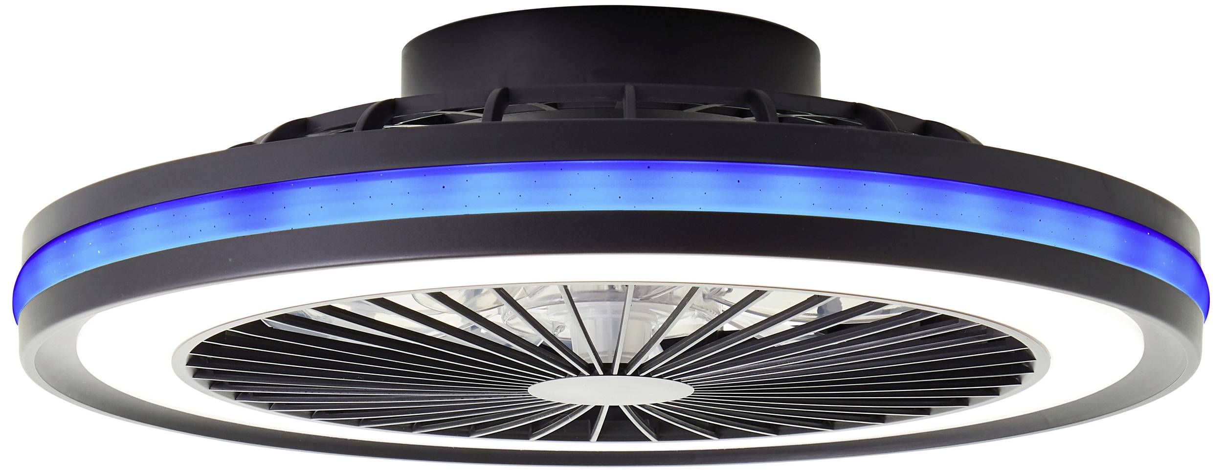 Schwarzer Deckenventilator mit blauem LED-Lichtband und integriertem weißen Licht in der Mitte. Design kombiniert Beleuchtung und Belüftung.