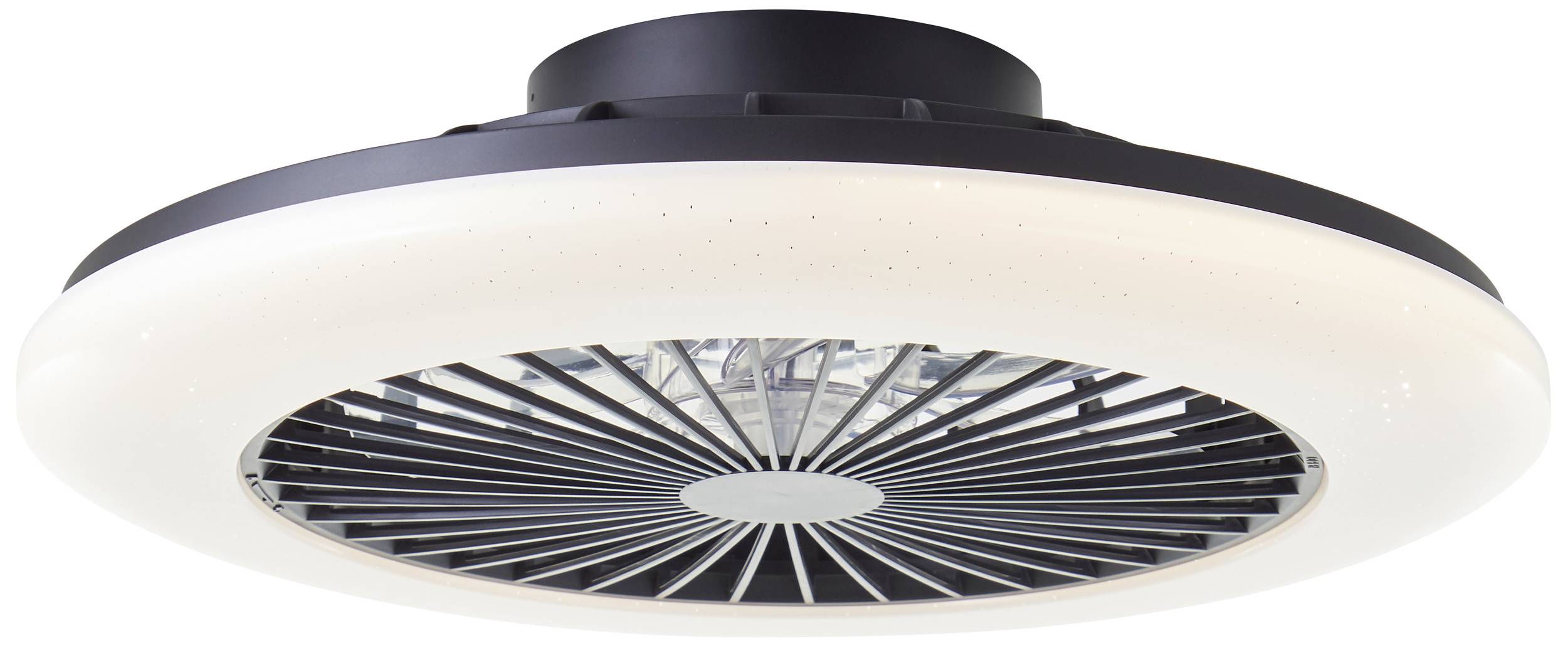 Runder, moderner Deckenventilator mit LED-Beleuchtung. Schwarzes Gehäuse mit weißen Leuchtelementen und Gitterdesign an der Unterseite.