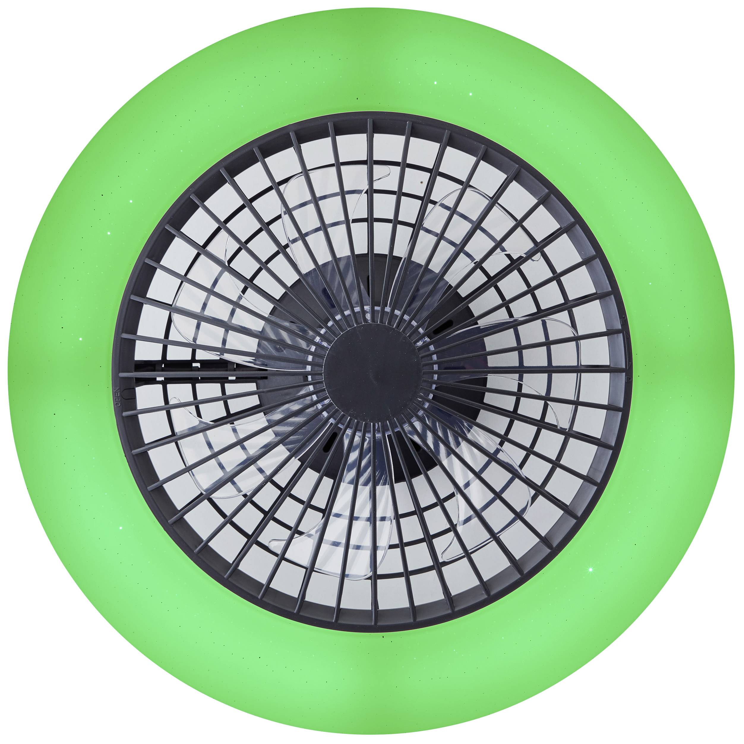'Deckenventilator mit grünem LED-Licht, rundes Design, schwarze Schutzgitter und Rotorblätter, zentrale Lüftungseinheit.'