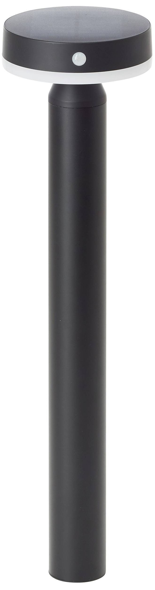 Schwarze Außenleuchte mit rundem Lampenkopf und Zylinderständer. Geeignet für Garten oder Wegebeleuchtung.