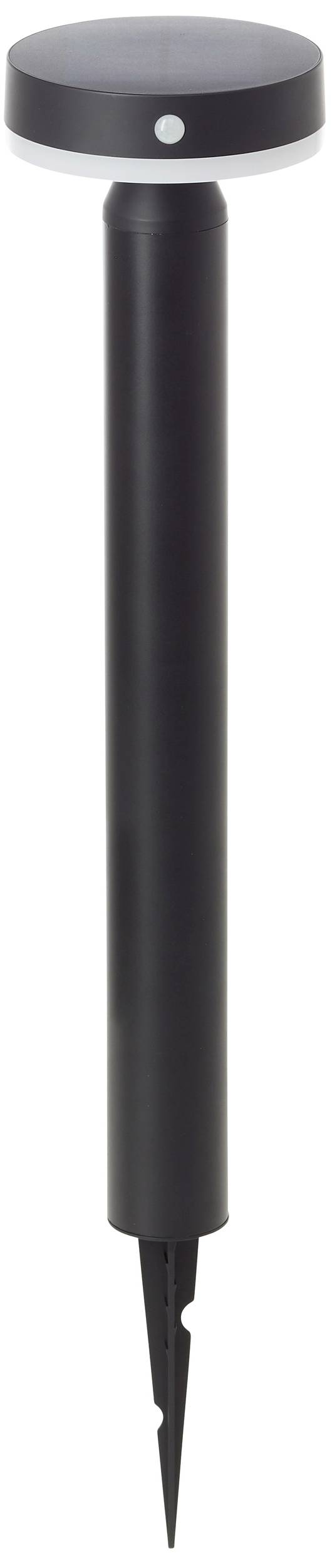 Eine schwarze Solar-Gartenleuchte mit rundem Kopf und Erdspieß. Sie ist schlank und in modernem Design gehalten.