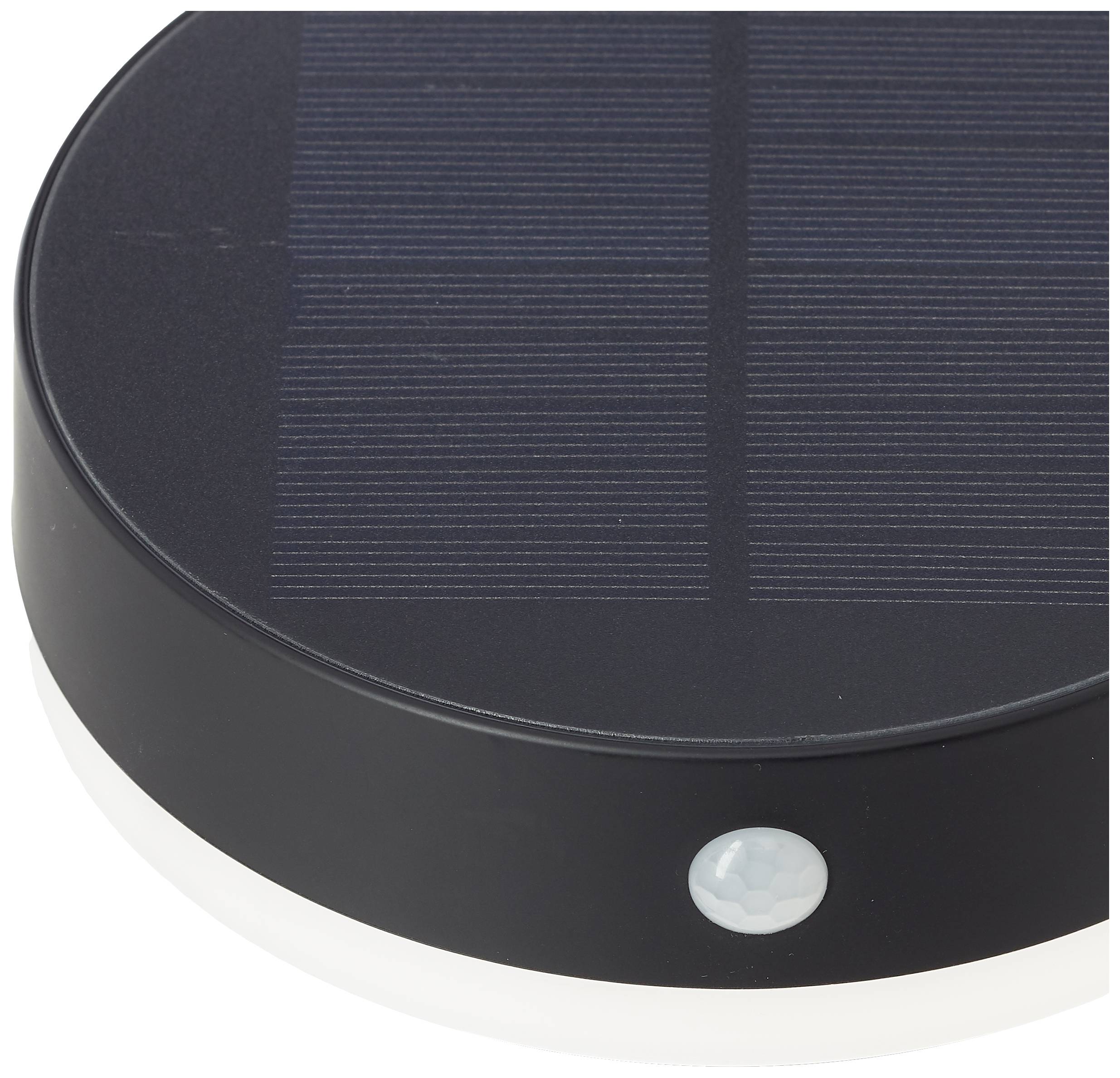 Runde Solarleuchte aus schwarzem Kunststoff mit integriertem Bewegungssensor oben sichtbar.