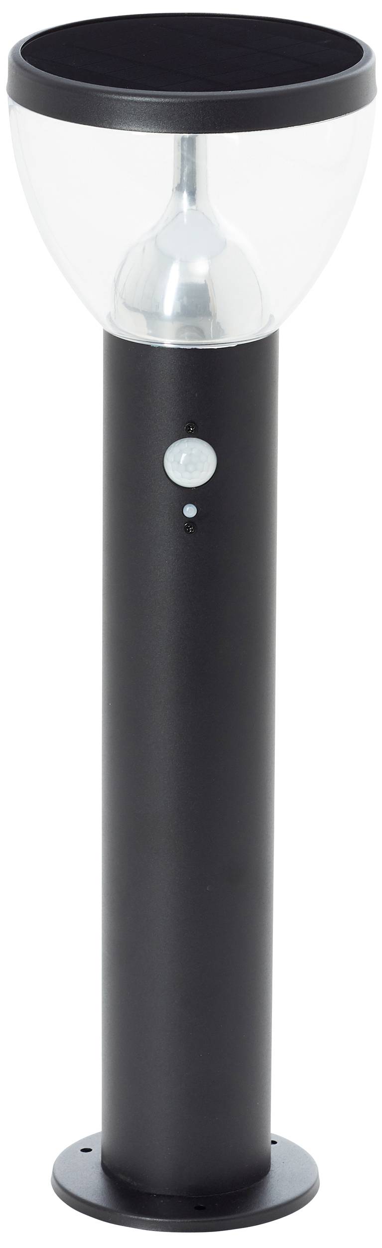 Schwarze, zylindrische Außenlampe mit klarem, halbkugelförmigem Schirm und Bewegungssensor an der Vorderseite.