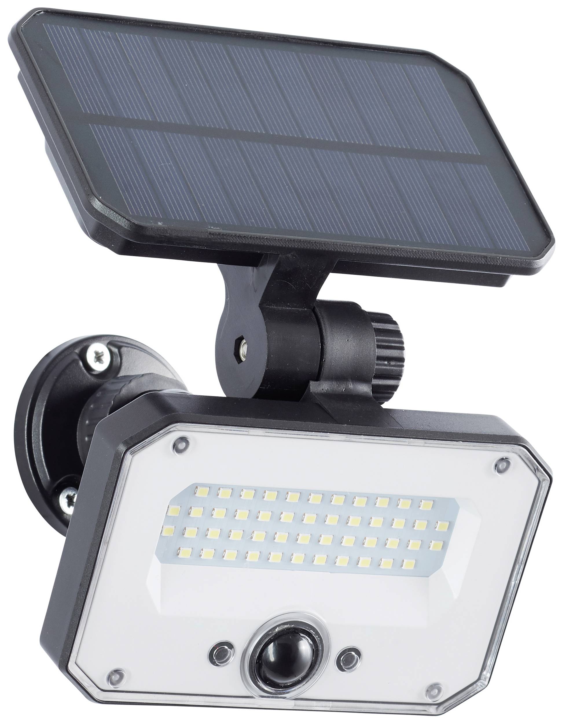 Solarlampe mit rechteckigem LED-Panel und Bewegungssensor, montiert auf einer Wand. Solarzelle oben zur Energiegewinnung.