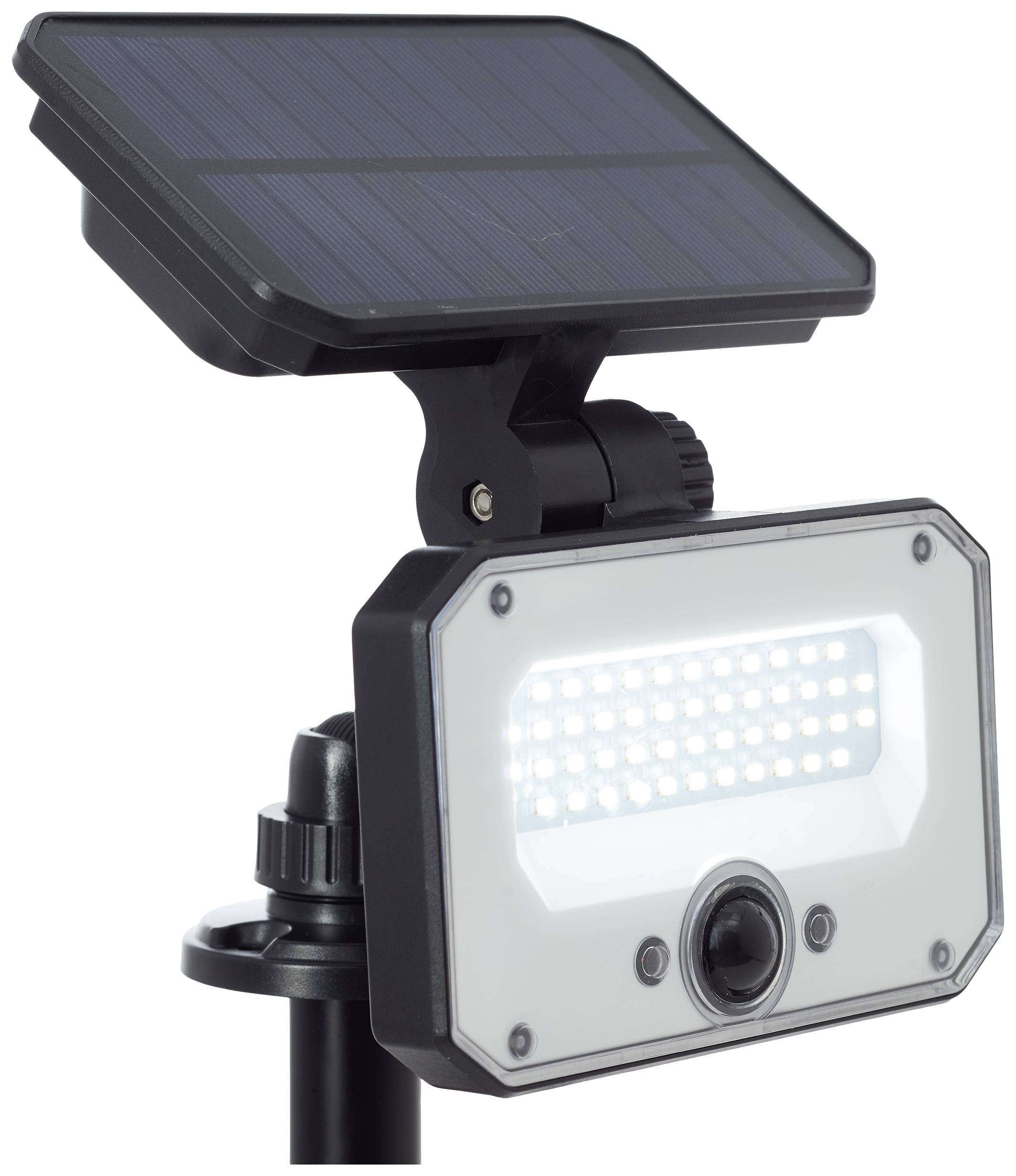 Solarbetriebener LED-Strahler mit Bewegungsmelder, montiert auf einem Ständer. Geeignet für Außenbeleuchtung und energiesparend.