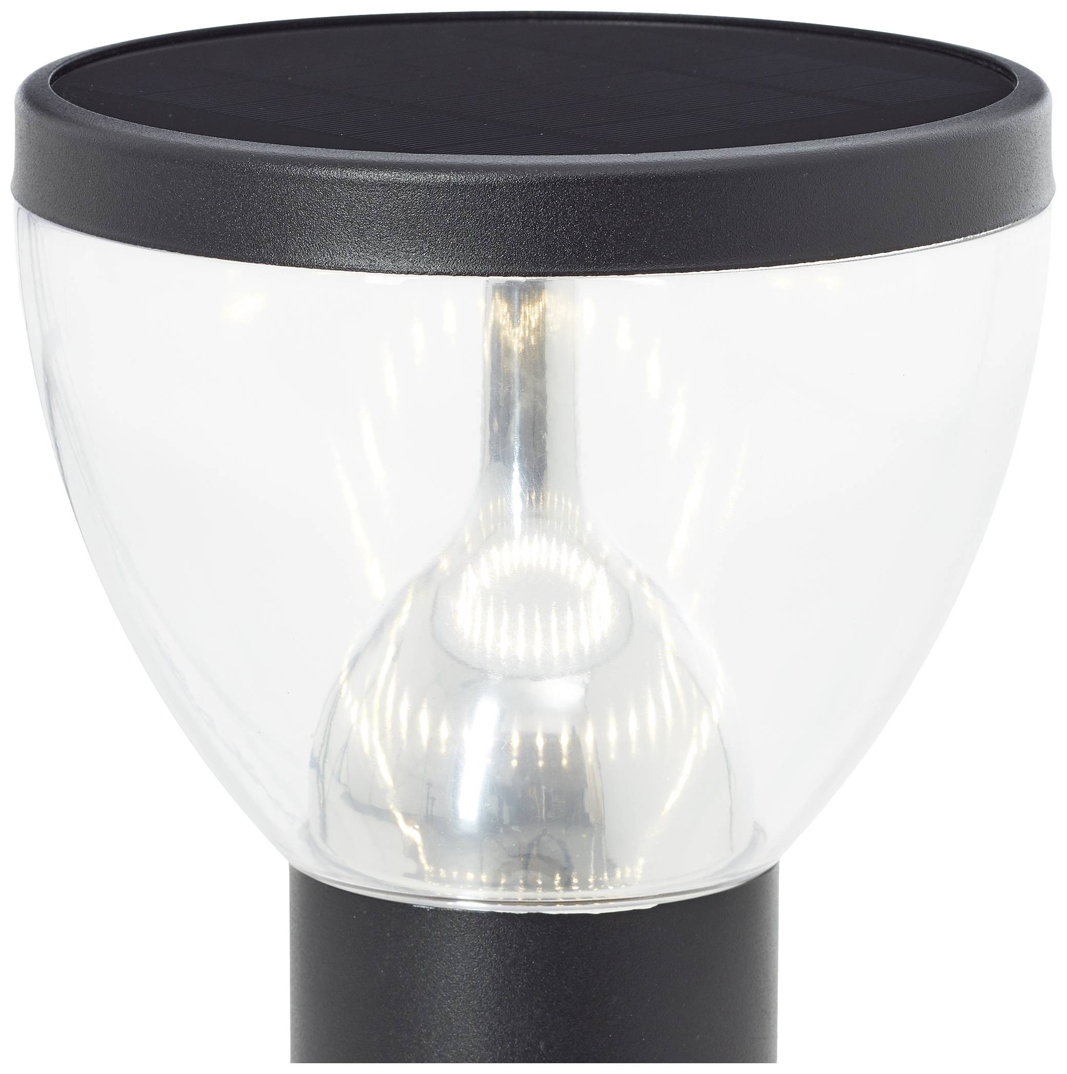 Solarlampe mit transparentem Gehäuse und sichtbarem Leuchtmittel, montiert auf einem schwarzen Stab.