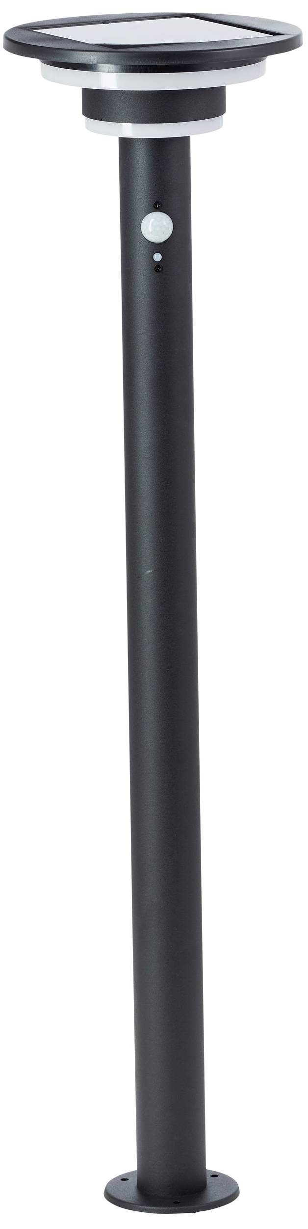 Eine schlanke, schwarze Solar-Gartenlampe auf einem hohen Pfahl, geeignet zur Beleuchtung von Außenbereichen.