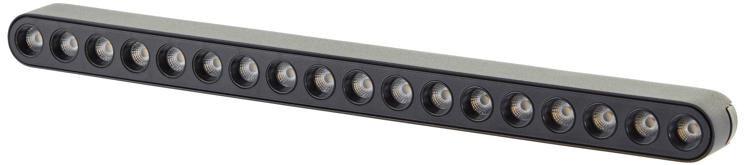 Eine lange, schmale Lichtleiste mit sechzehn gleichmäßig verteilten LEDs auf einer rechteckigen schwarzen Basis.