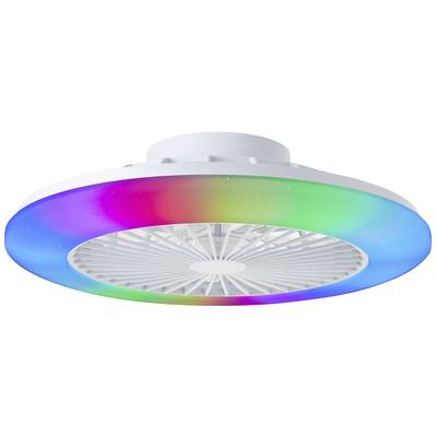 Deckenventilator mit integrierter, bunter LED-Beleuchtung in einem kreisförmigen Design.